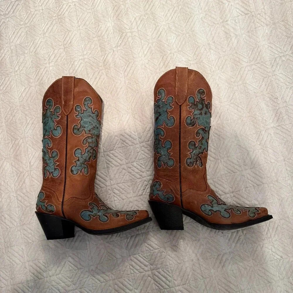 NEW Vintage Brown and Turquoise Leather Cowboy Boots, Nashville Boot Co,  US 7 - Picture 3 of 6
